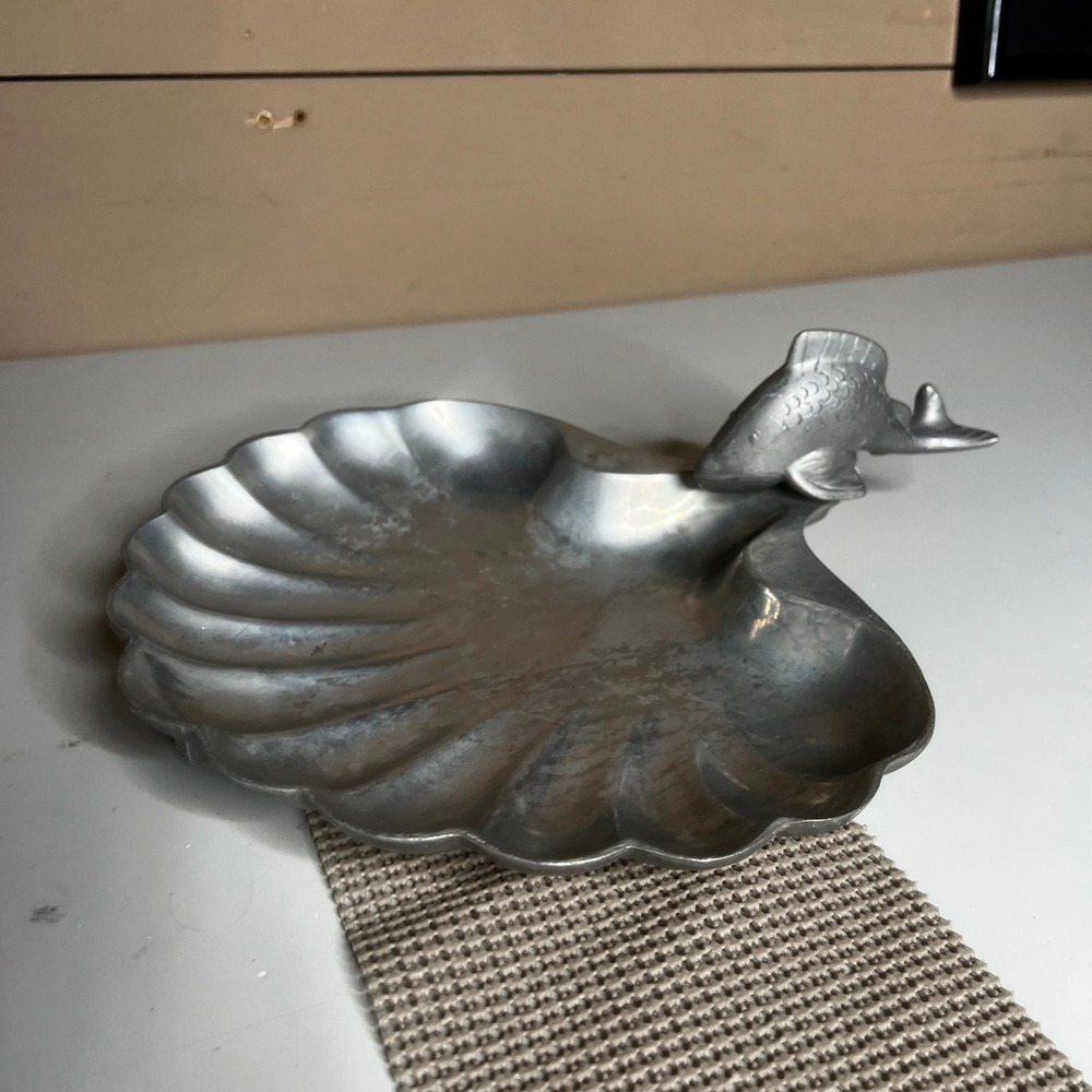 Pewtarex York PA Aluminum Shell Dish with Fish Handle Vintage Nautical Tray